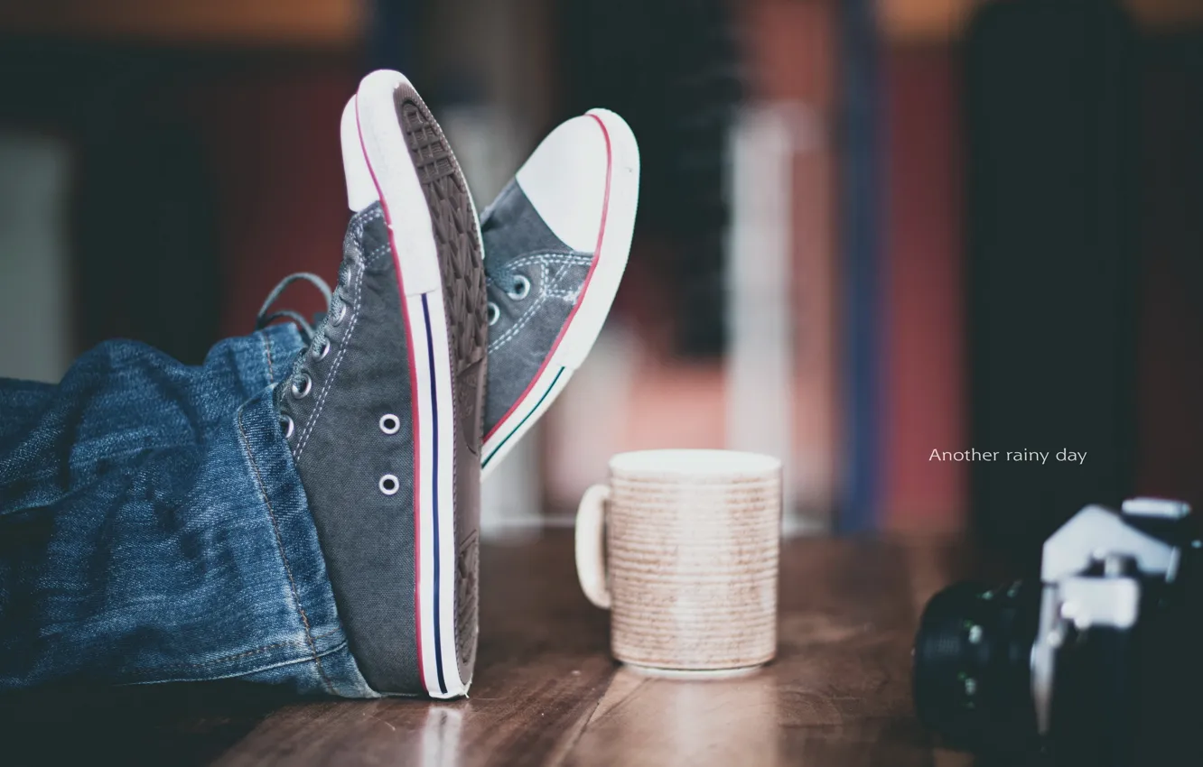 Photo wallpaper table, sneakers, the camera