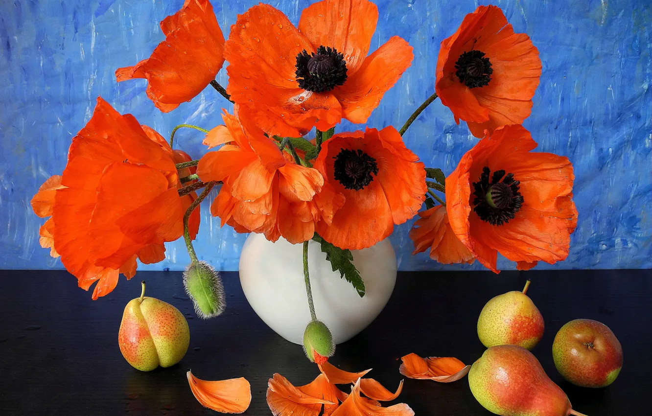 Photo wallpaper flowers, Maki, petals, vase, fruit, still life, pear