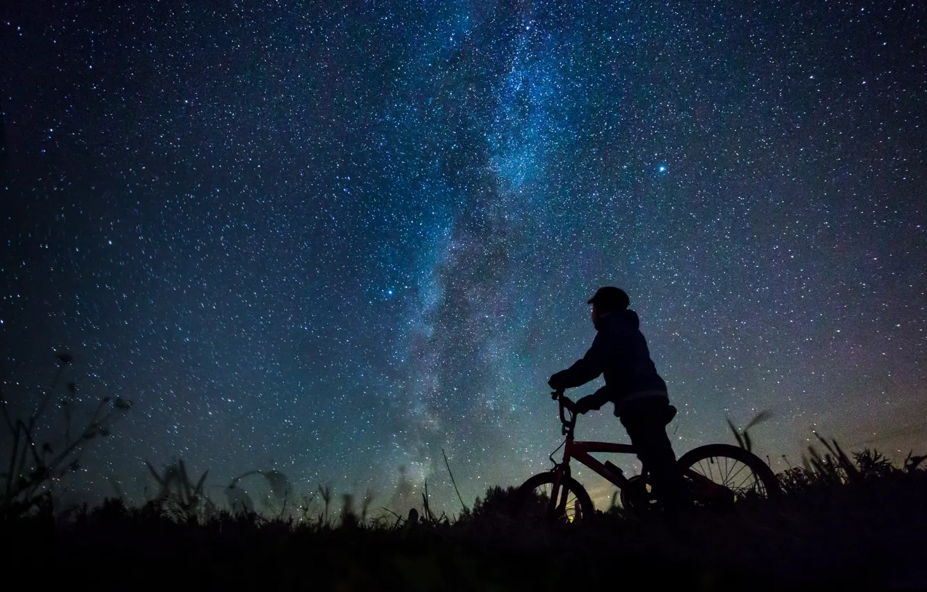 Photo wallpaper star, bike, field, night, boy, Milky Way, darkness, silhouette