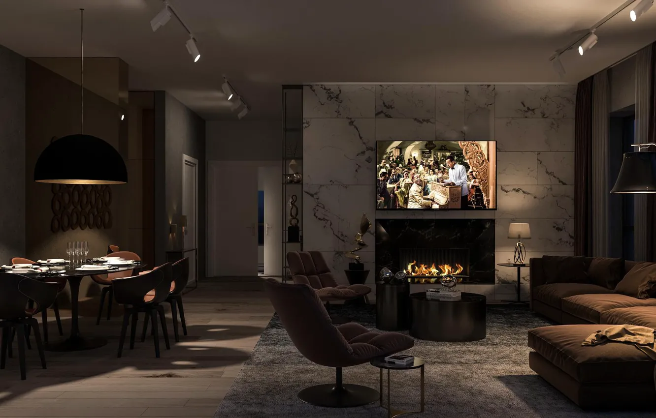 Photo wallpaper design, style, interior, fireplace, modern, living room, luxury, dining room