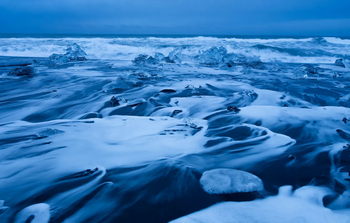 Photo wallpaper cold, ice, winter, sea, wave, foam, snow, blue