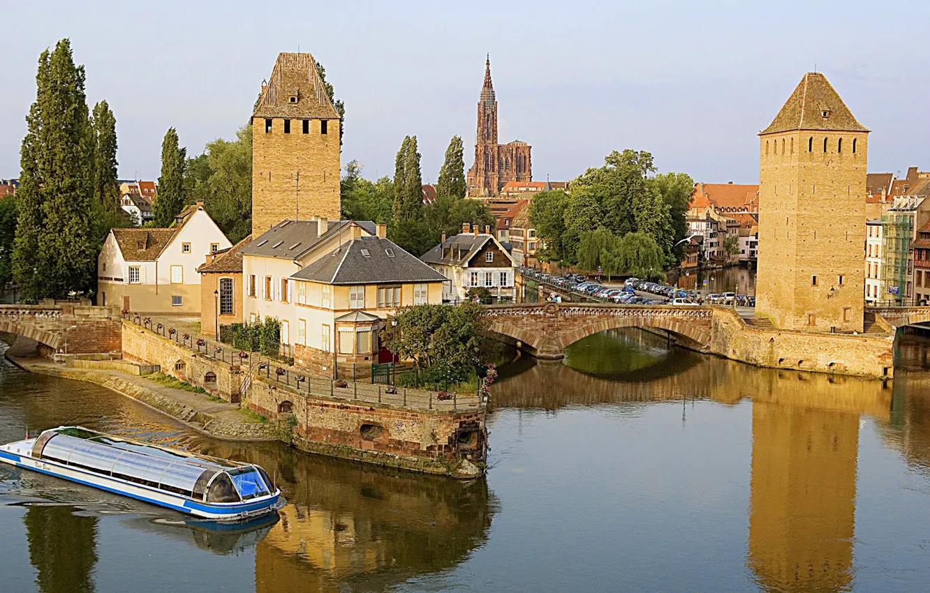 Photo wallpaper the sky, trees, bridge, river, France, ship, tower, home