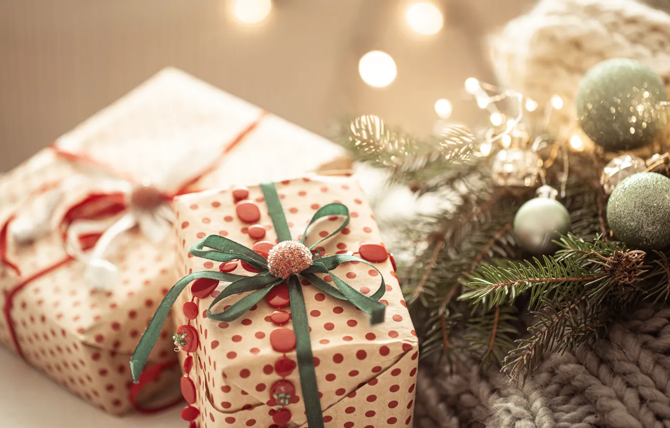 Photo wallpaper balls, light, branches, lights, box, gift, Christmas, New year