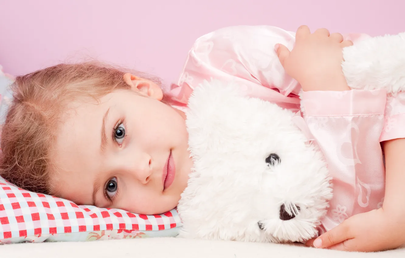 Photo wallpaper look, children, toy, pillow, girl, pajamas, gray-eyed, Teddy bear