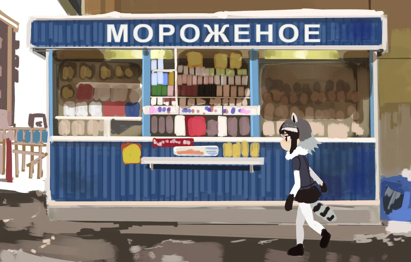 Photo wallpaper winter, anime, Russia, ice cream, neko, Kiosk