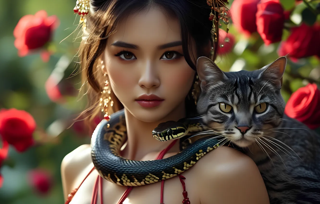 Photo wallpaper look, roses, Chinese, Cobra, Asian