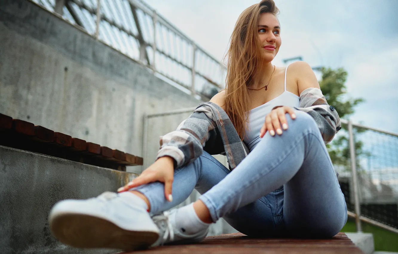 Photo wallpaper smile, jeans, positive, sitting, Nastya, girl posing, white sneakers, city photo shoot