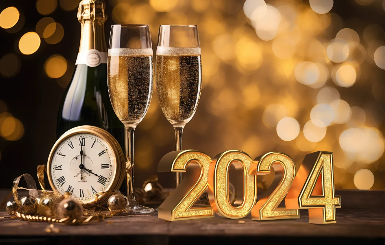 Photo wallpaper decoration, gold, balls, glass, new year, figures, golden, champagne