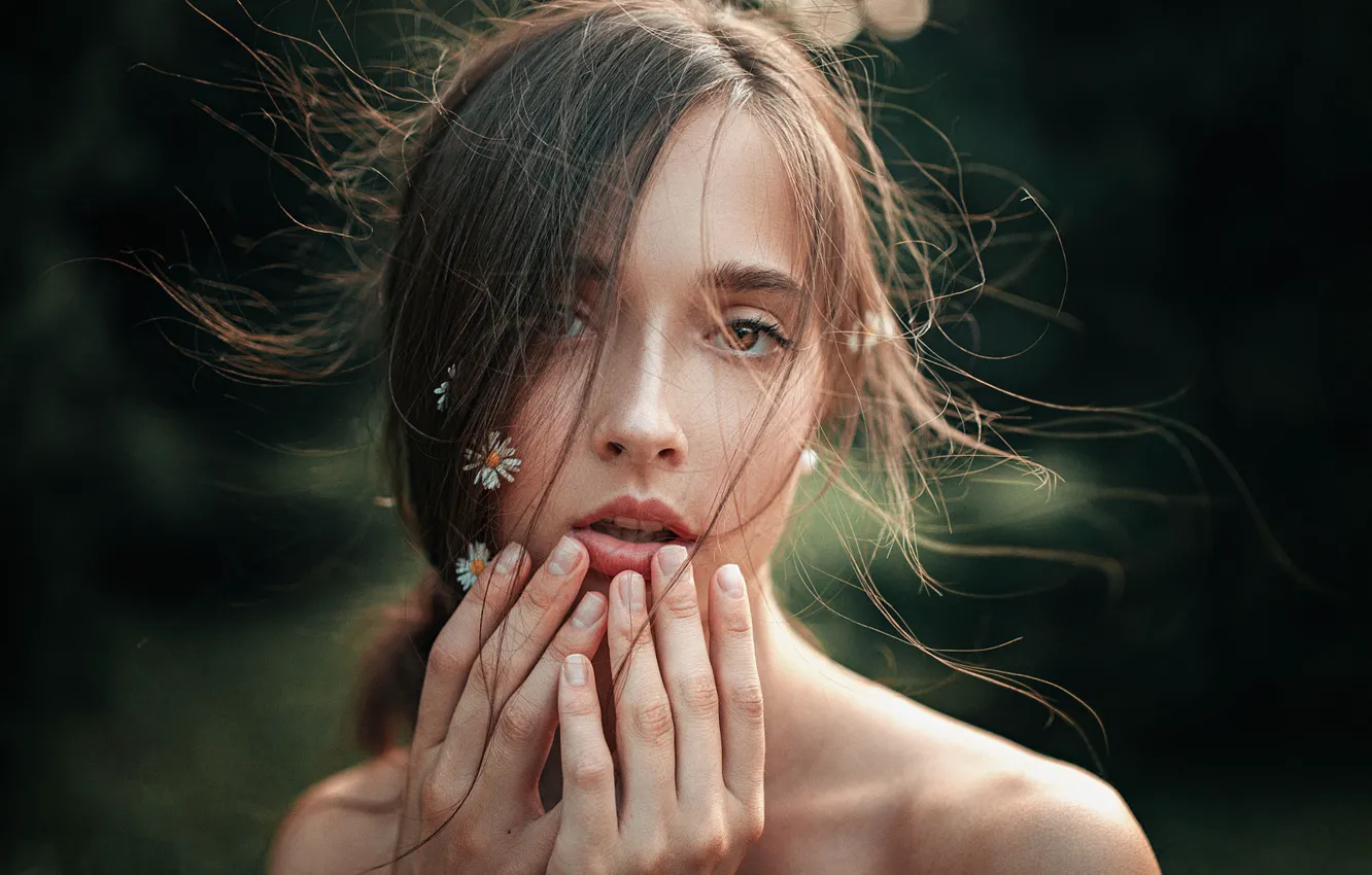 Photo wallpaper summer, girl, the sun, nature, hair, portrait, chamomile, faith