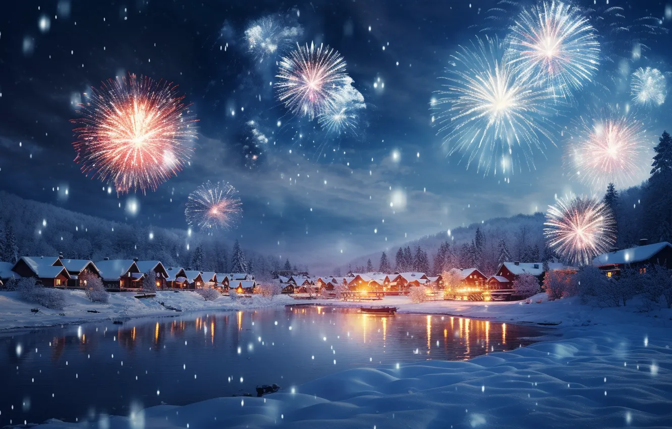 Photo wallpaper winter, snow, night, lights, new year, salute, village, Christmas