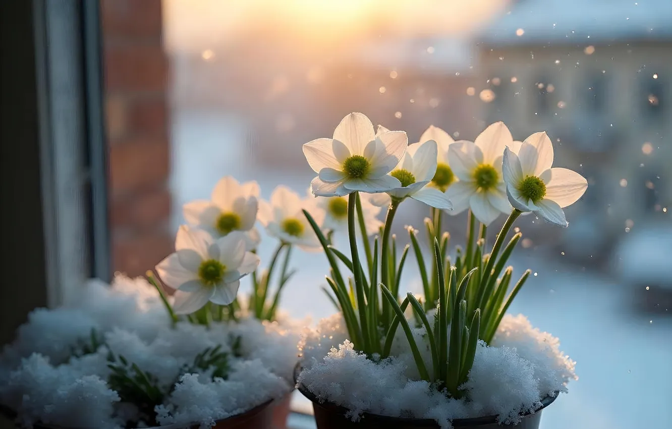 Photo wallpaper winter, snow, flowers, spring, flowers, winter, snow, spring