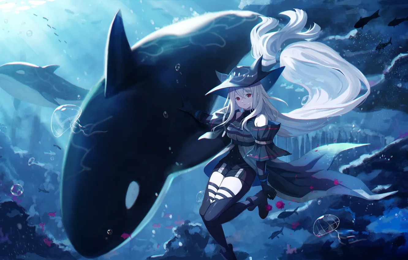 Photo wallpaper girl, the ocean, under water, whale, Arknights, Skadi