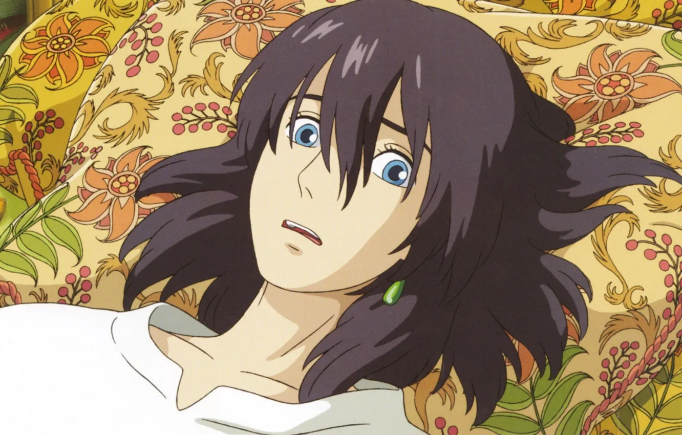 Photo wallpaper pattern, surprise, pillow, blue eyes, black hair, white shirt, howl's moving castle, hayao Miyazaki