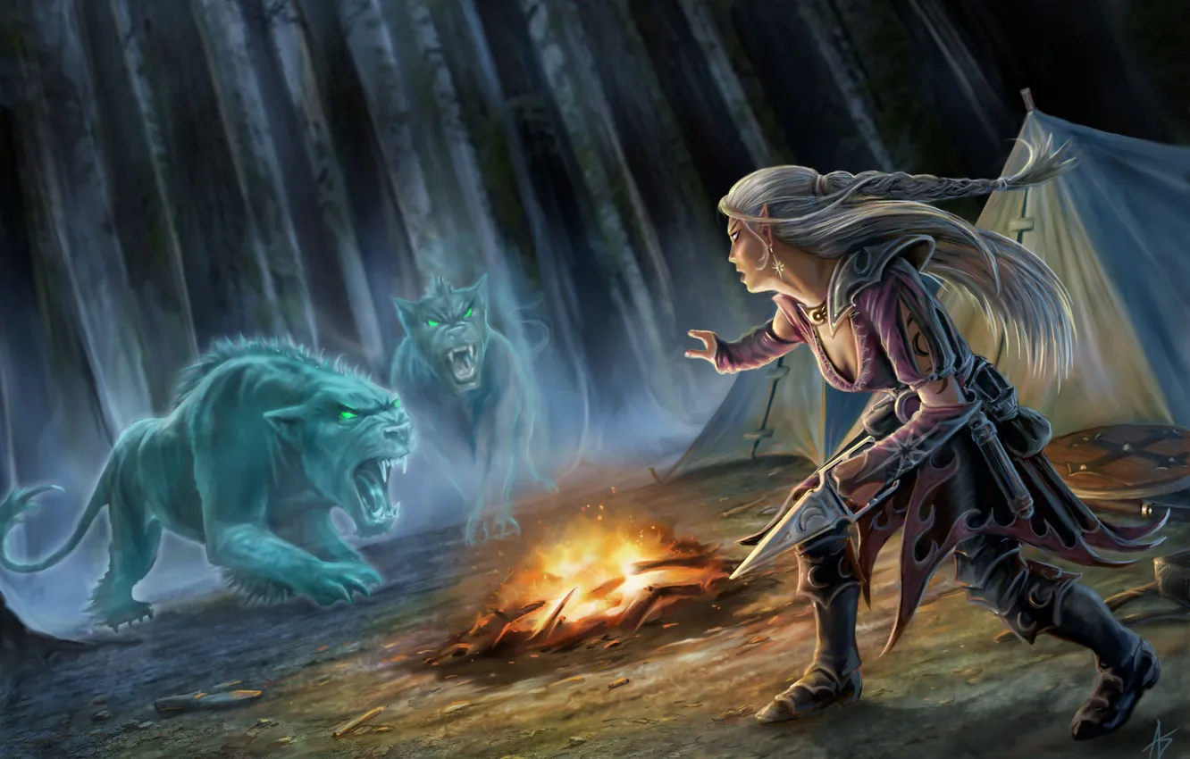 Photo wallpaper forest, cat, girl, night, predator, tattoo, the fire, art