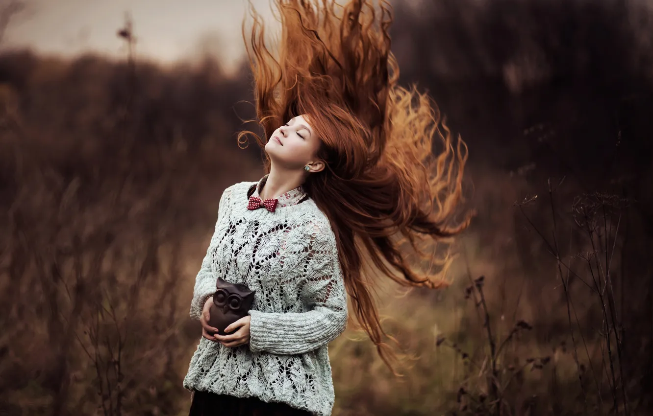 Photo wallpaper forest, girl, smile, owl, figurine, redhead, sweater, charm