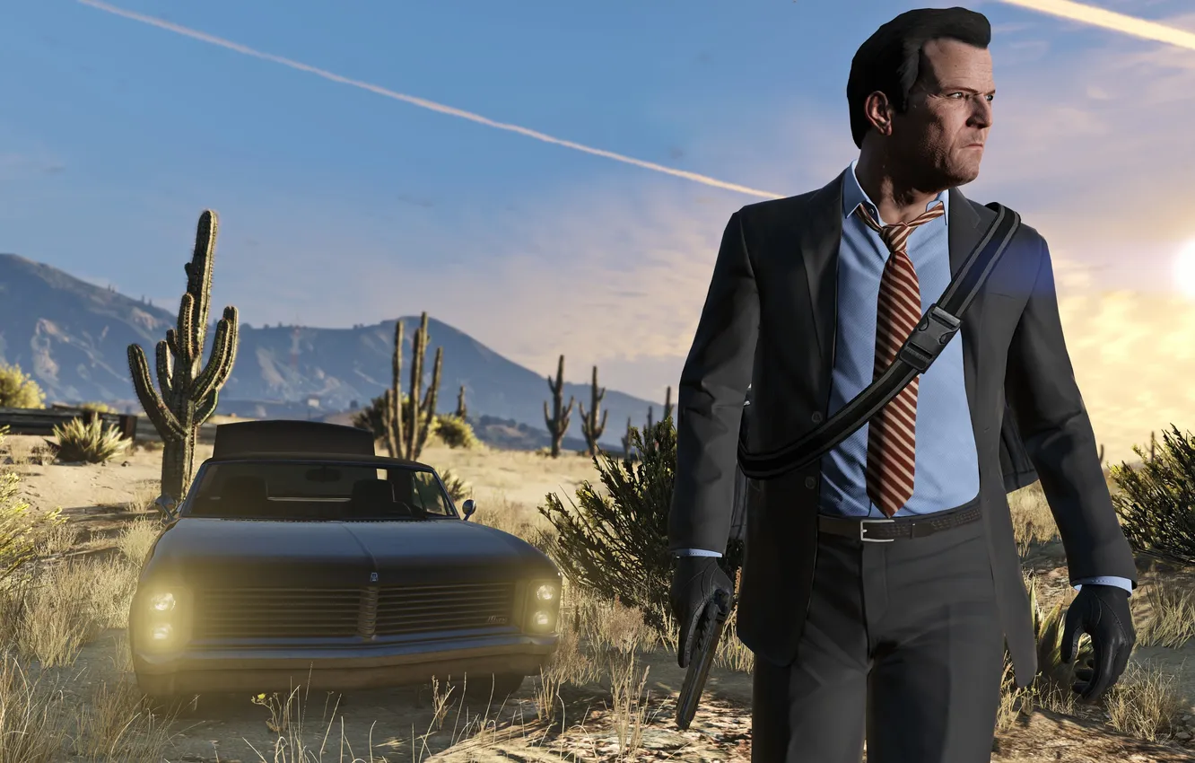 Photo wallpaper car, city, gun, game, desert, Grand Theft Auto V, GTA V, Michael De Santa