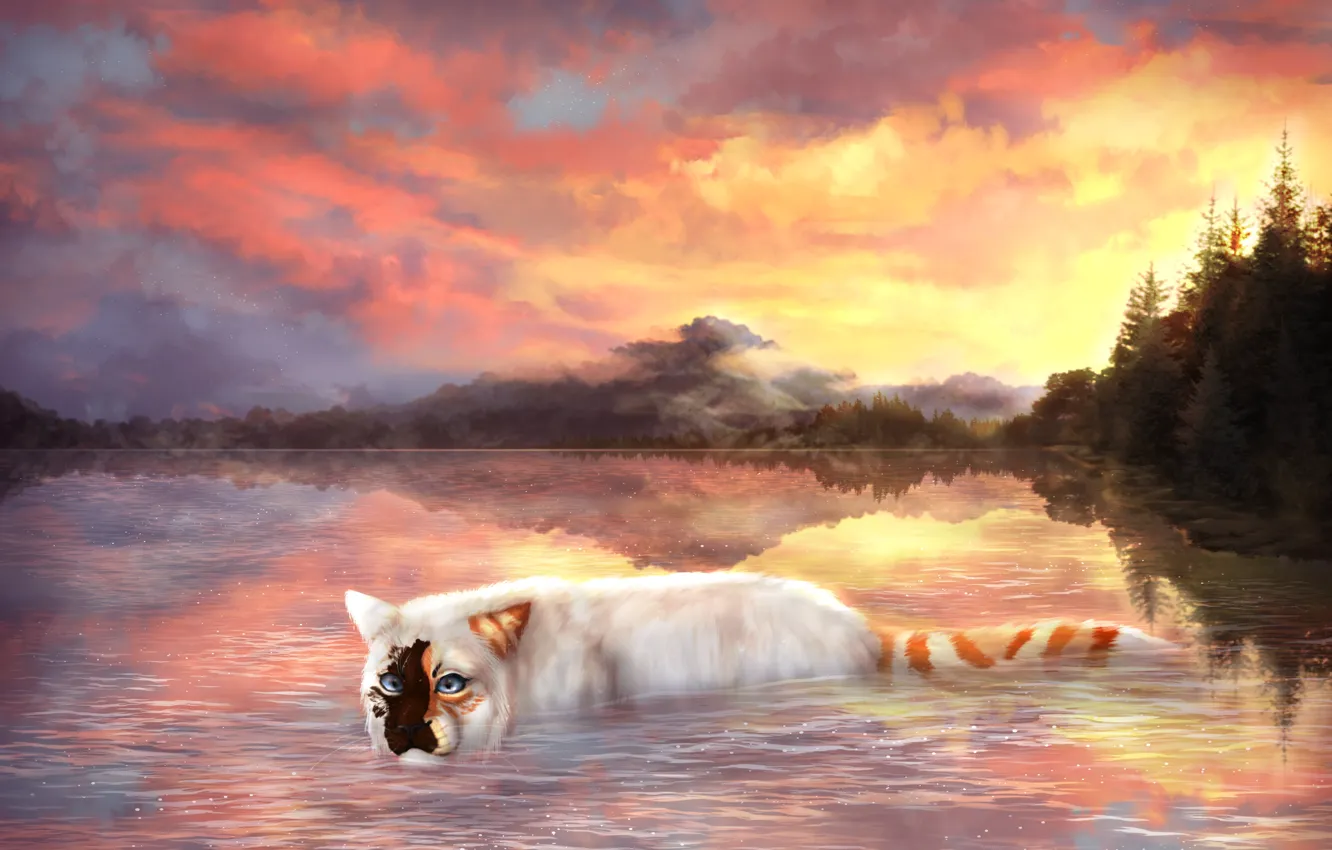Photo wallpaper cat, the sky, water, clouds, trees, nature, drawings, Cryptillian