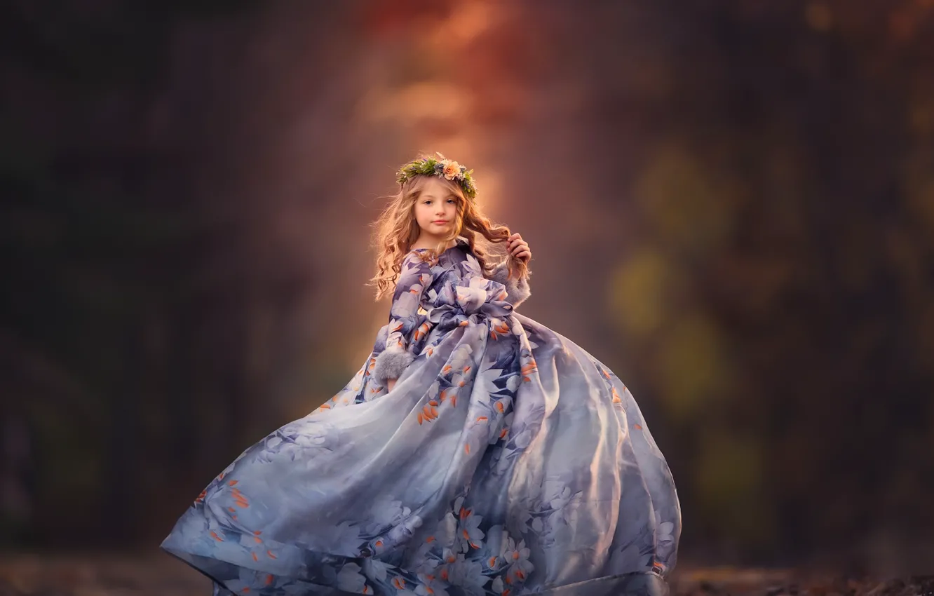 Photo wallpaper look, mood, dress, girl, wreath, bokeh