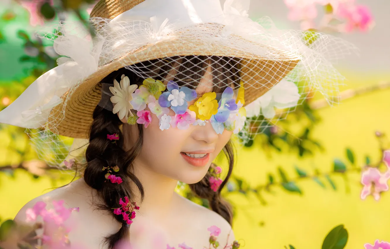 Wallpaper Summer Girl Flowers Nature Face Pose Garden Mask For