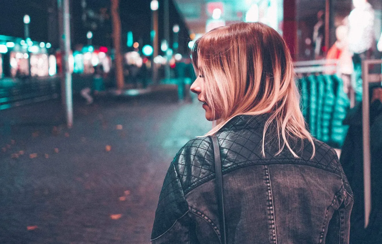 Photo wallpaper girl, the city, lights, street, model, the evening, jacket, blonde
