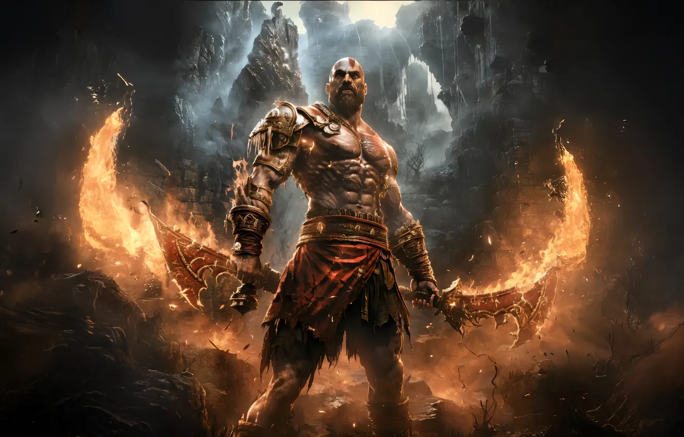 Photo wallpaper sword, Sony, Ragnarok, weapon, Kratos, God of War, snow, blow