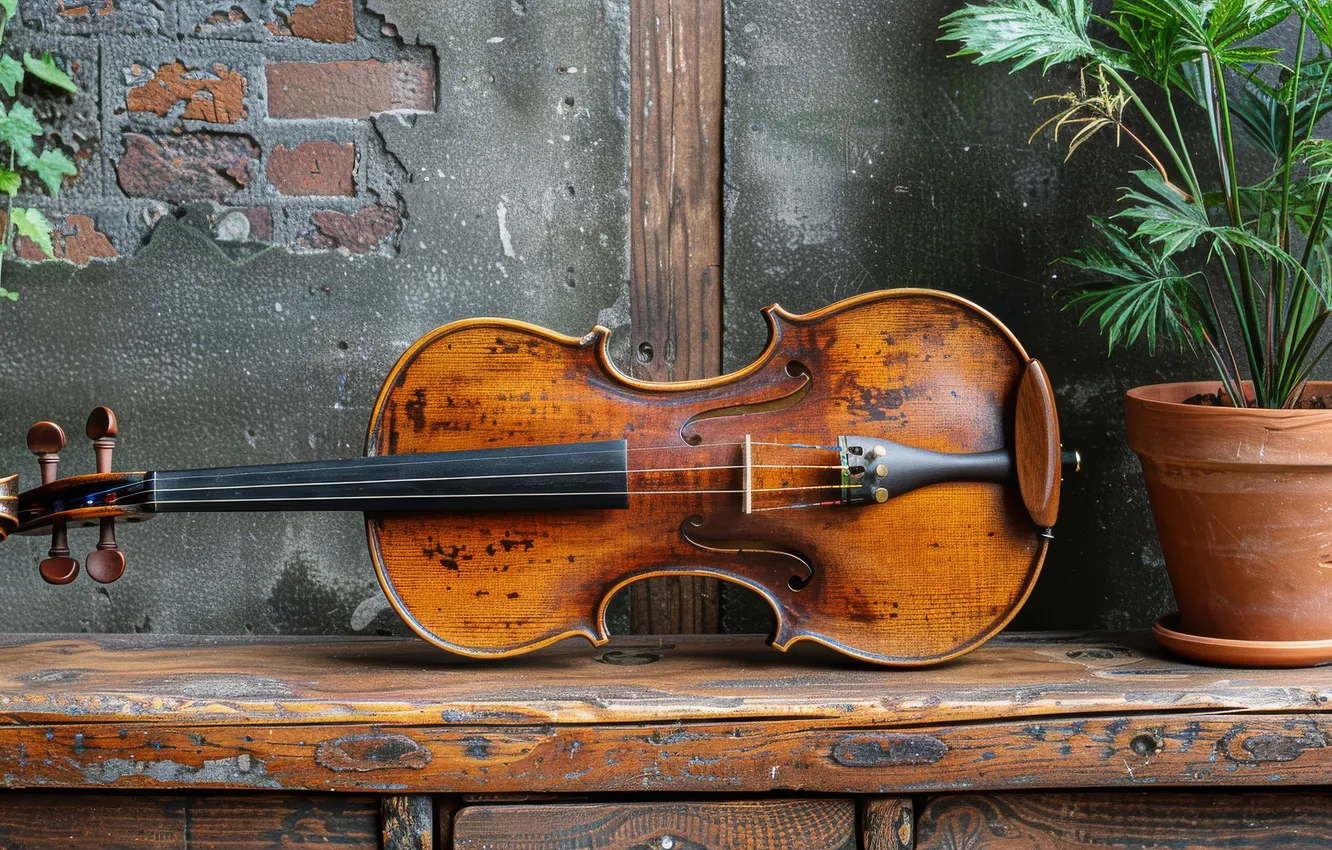 Photo wallpaper music, wall, violin, plant, shelf, pot, musical instrument, AI art