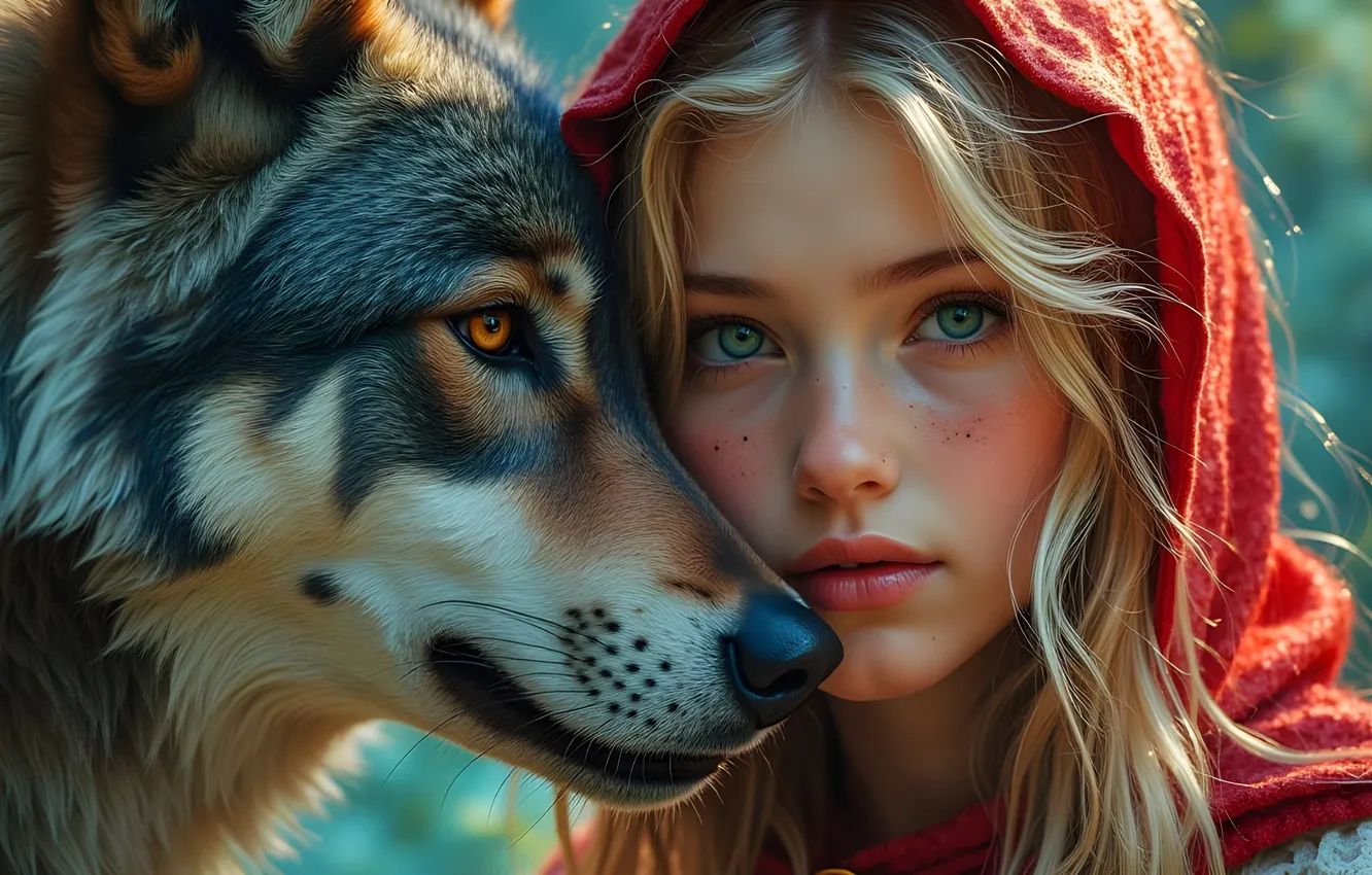 Photo wallpaper look, girl, face, wolf, portrait, blonde, hood, girl