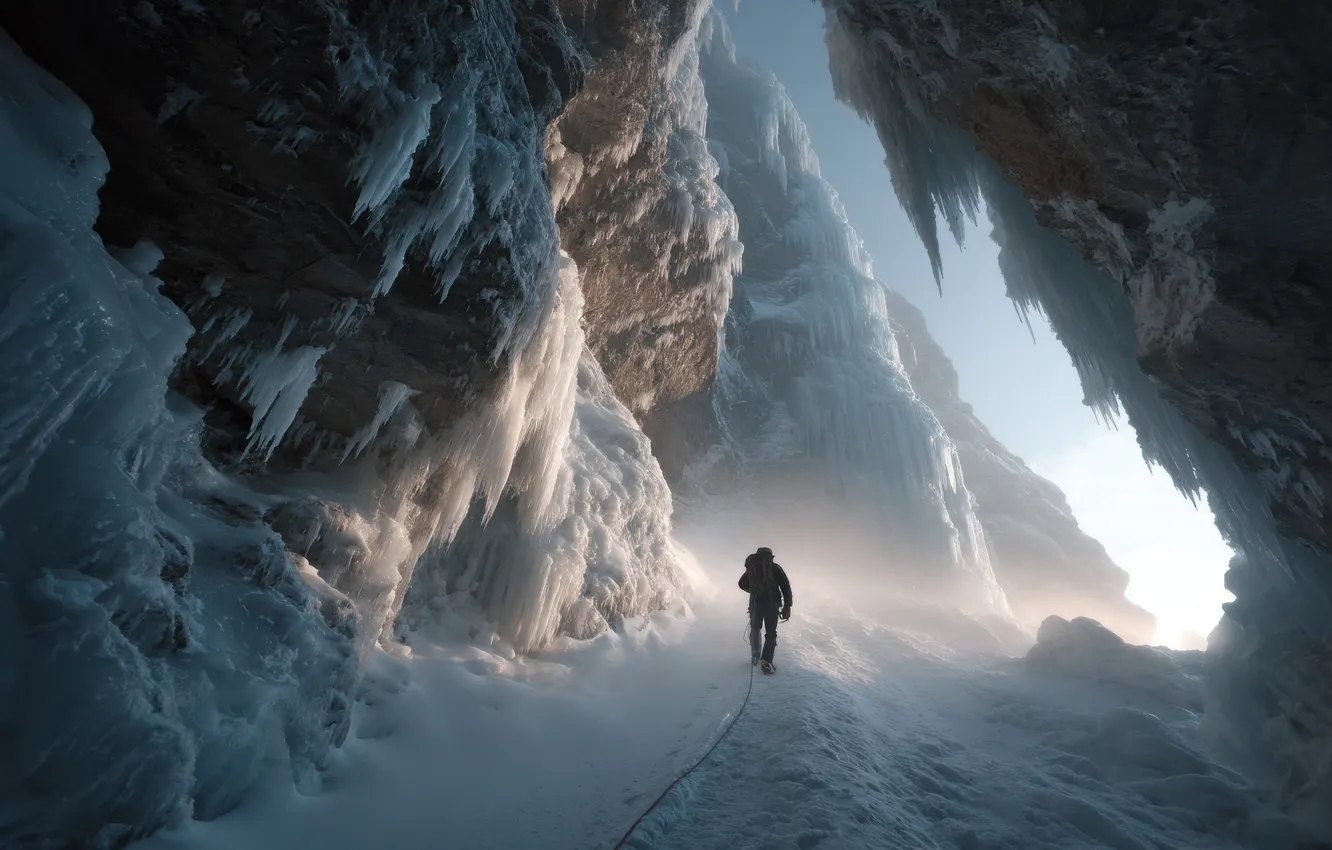 Photo wallpaper ice, winter, road, light, snow, mountains, fog, rocks