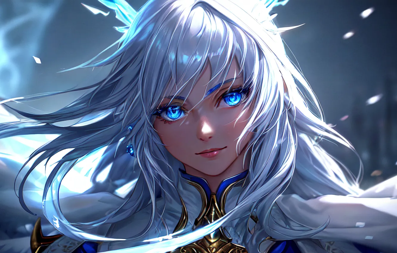 Photo wallpaper blue eyes, beautiful girl, digital art, artificial intelligence, Silver hair, Stable Diffusion, AI ART