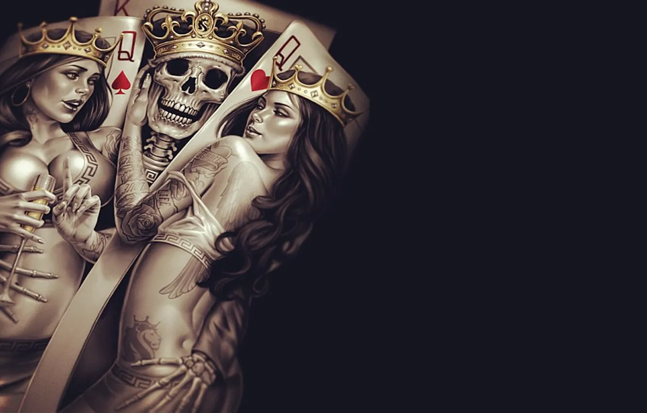 Photo wallpaper sake, Queen, Cup, poker, bones, tattoos, Crown, King