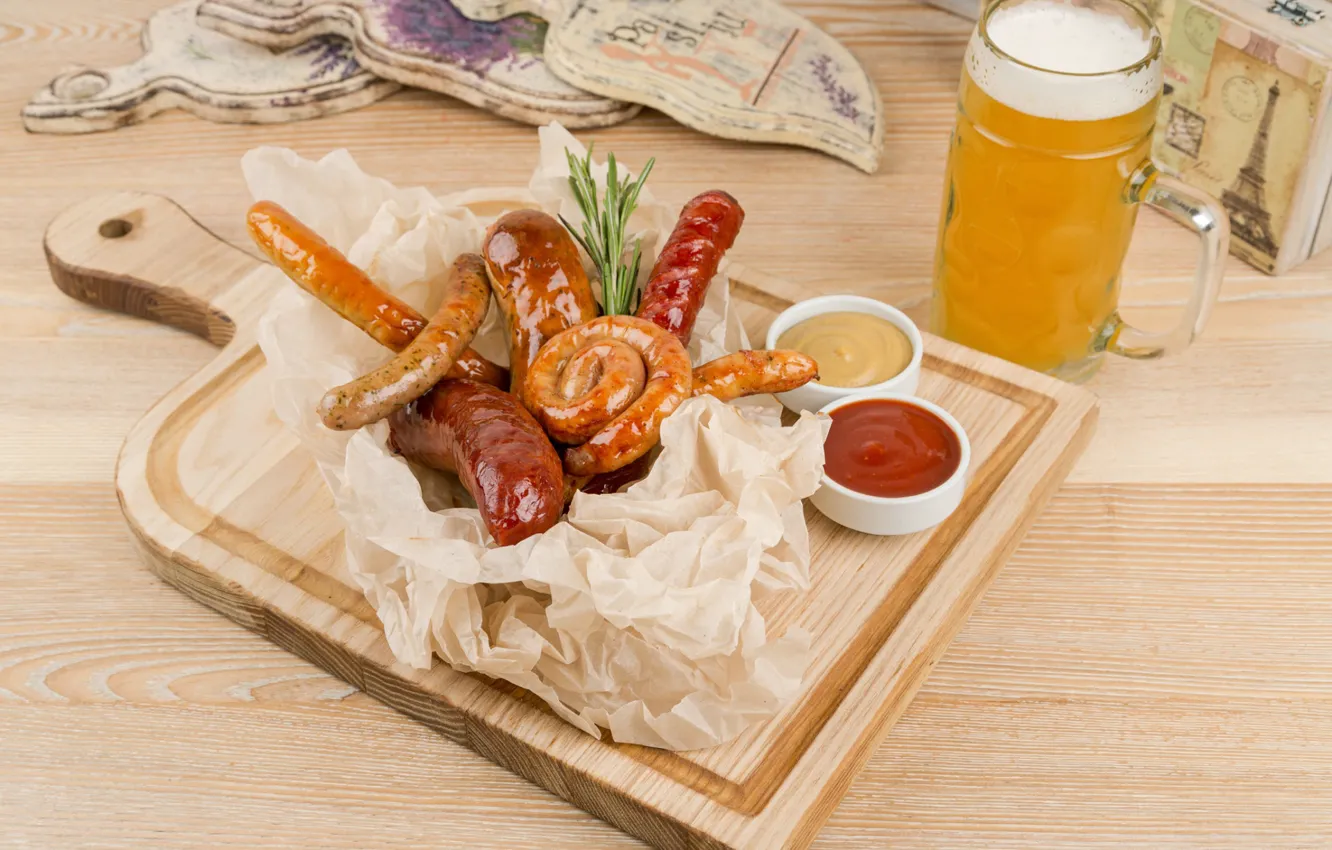 Photo wallpaper beer, sauce, appetizer, sausages