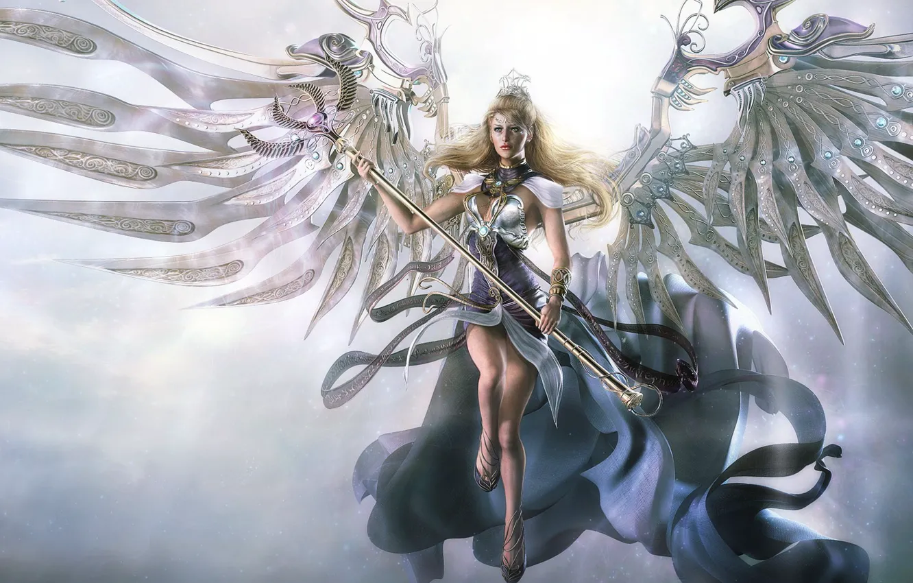 Photo wallpaper metal, wings, angel, staff