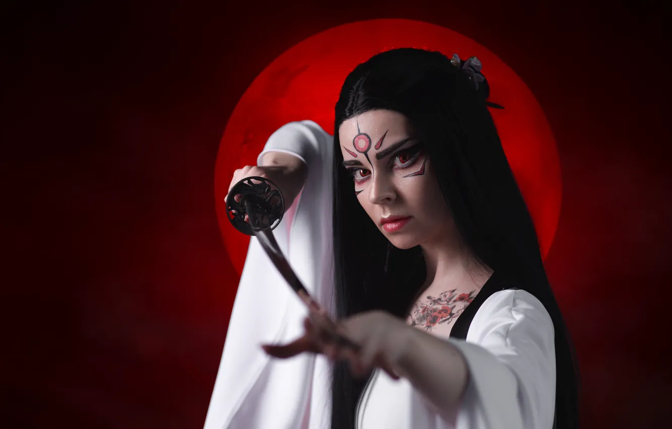 Photo wallpaper look, girl, round, katana, crimson, Lilush Kir