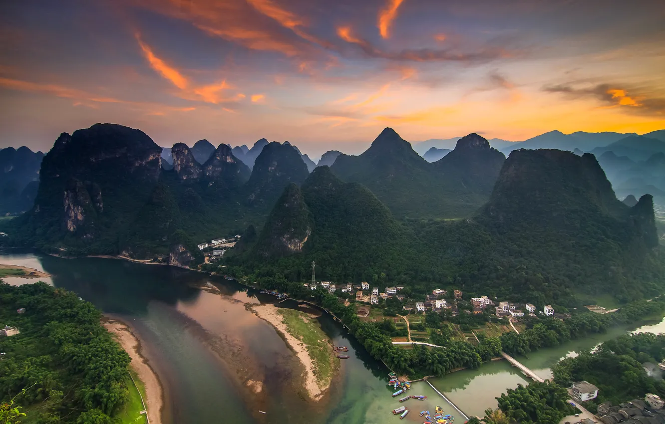Photo wallpaper the sky, sunset, mountains, river, boat, home
