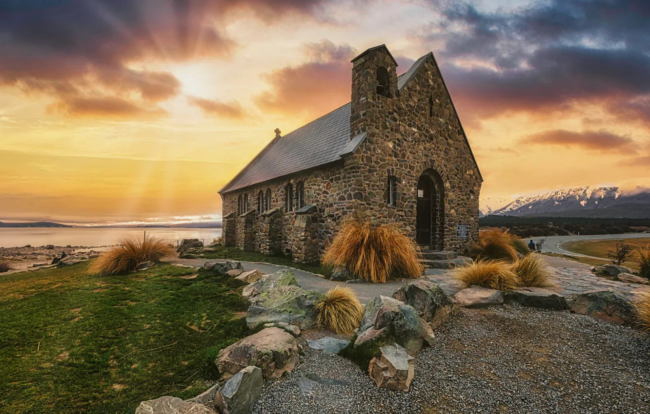 Photo wallpaper sunset, mountains, lake, stones, New Zealand, Church, Lake Tekapo