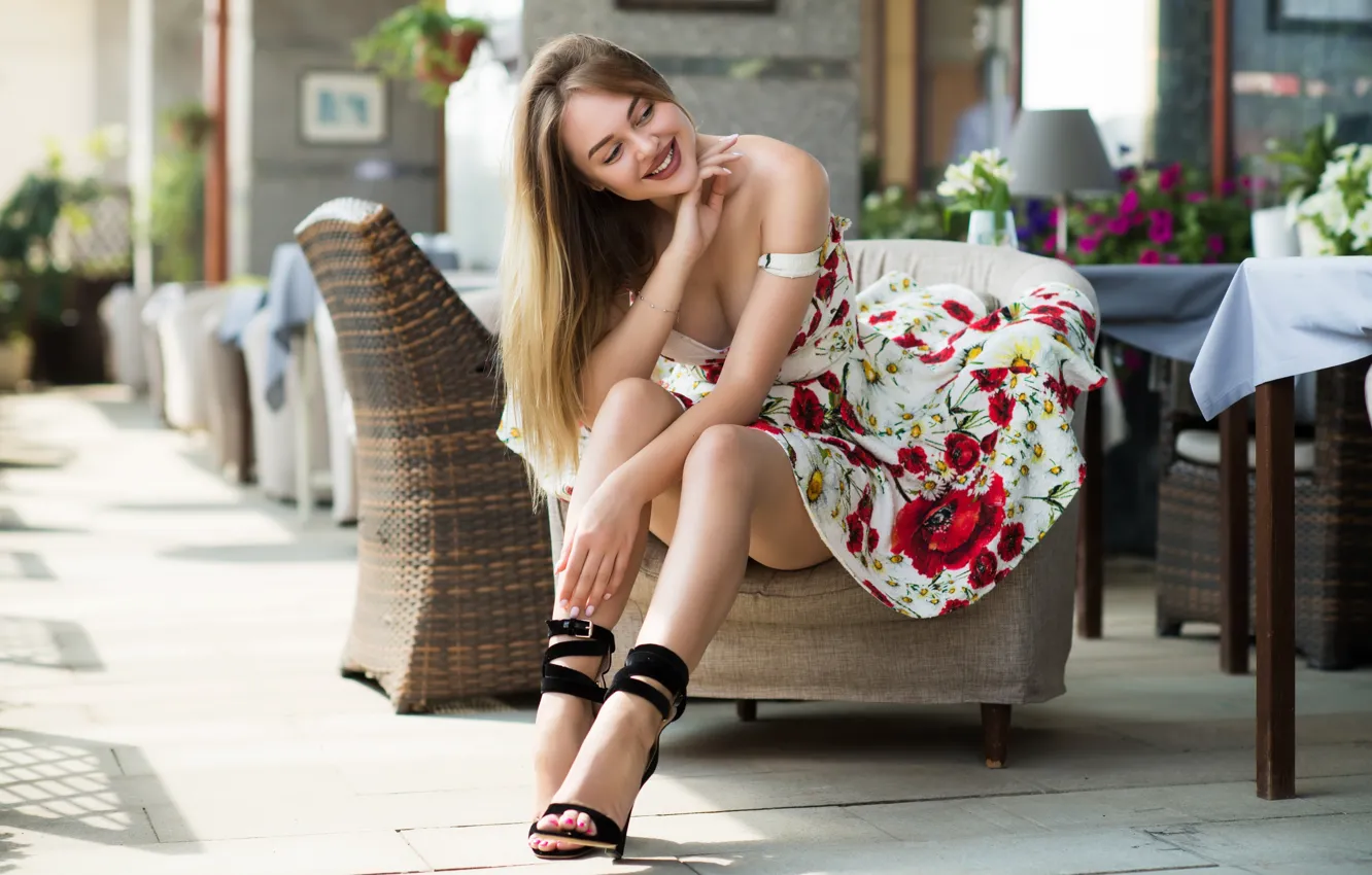 Photo wallpaper girl, pose, smile, mood, hands, dress, legs, long hair