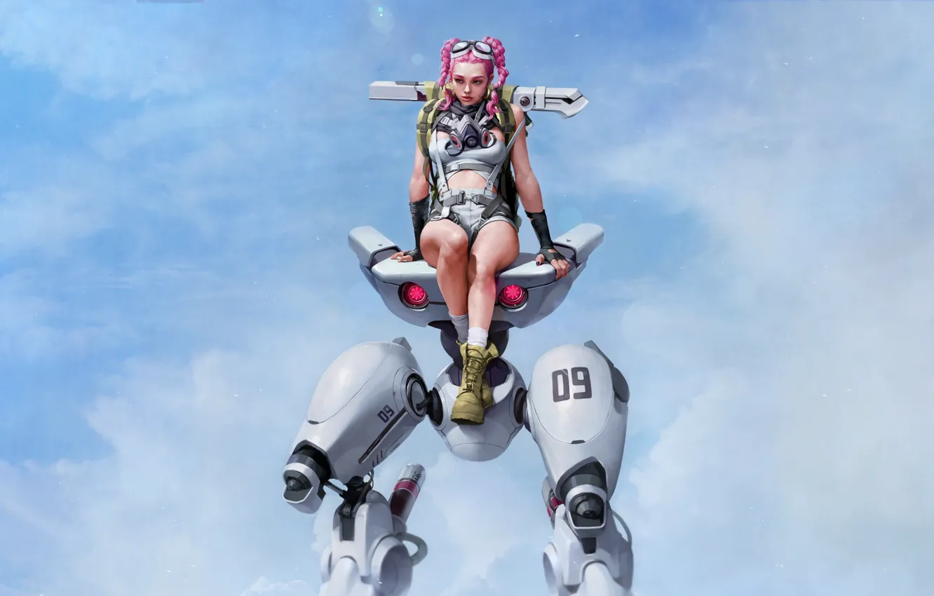 Photo wallpaper the sky, girl, background, fiction, robot, minimalism, technique, art