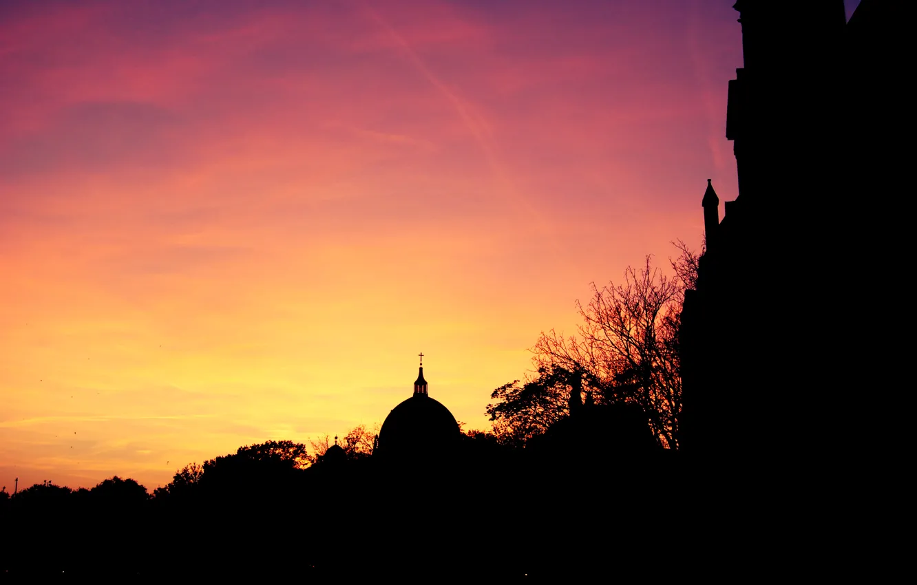 Photo wallpaper the sky, the sun, clouds, sunset, Germany, silhouette, Cathedral, bright