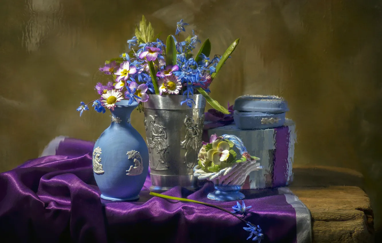 Photo wallpaper flowers, fabric, primroses, vases, Svetlana Sushkevich