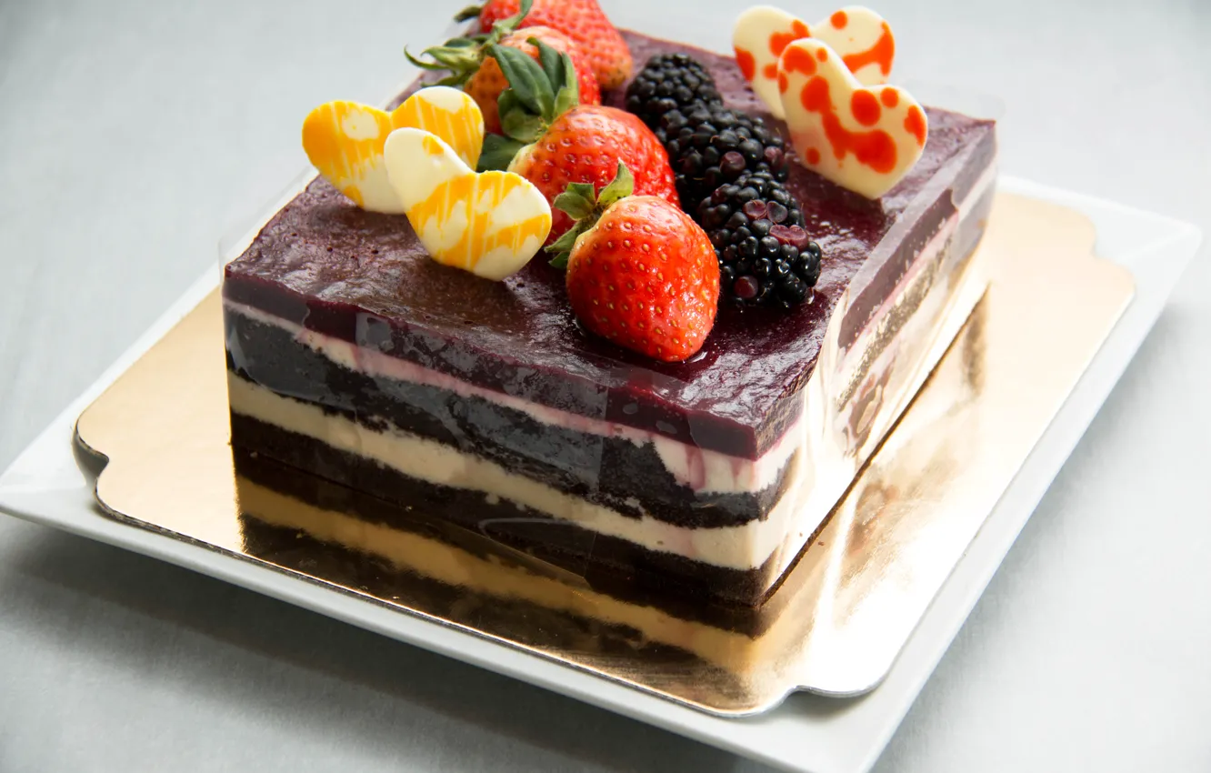Photo wallpaper berries, heart, strawberry, cake, cake, BlackBerry, Strawberry, sweet