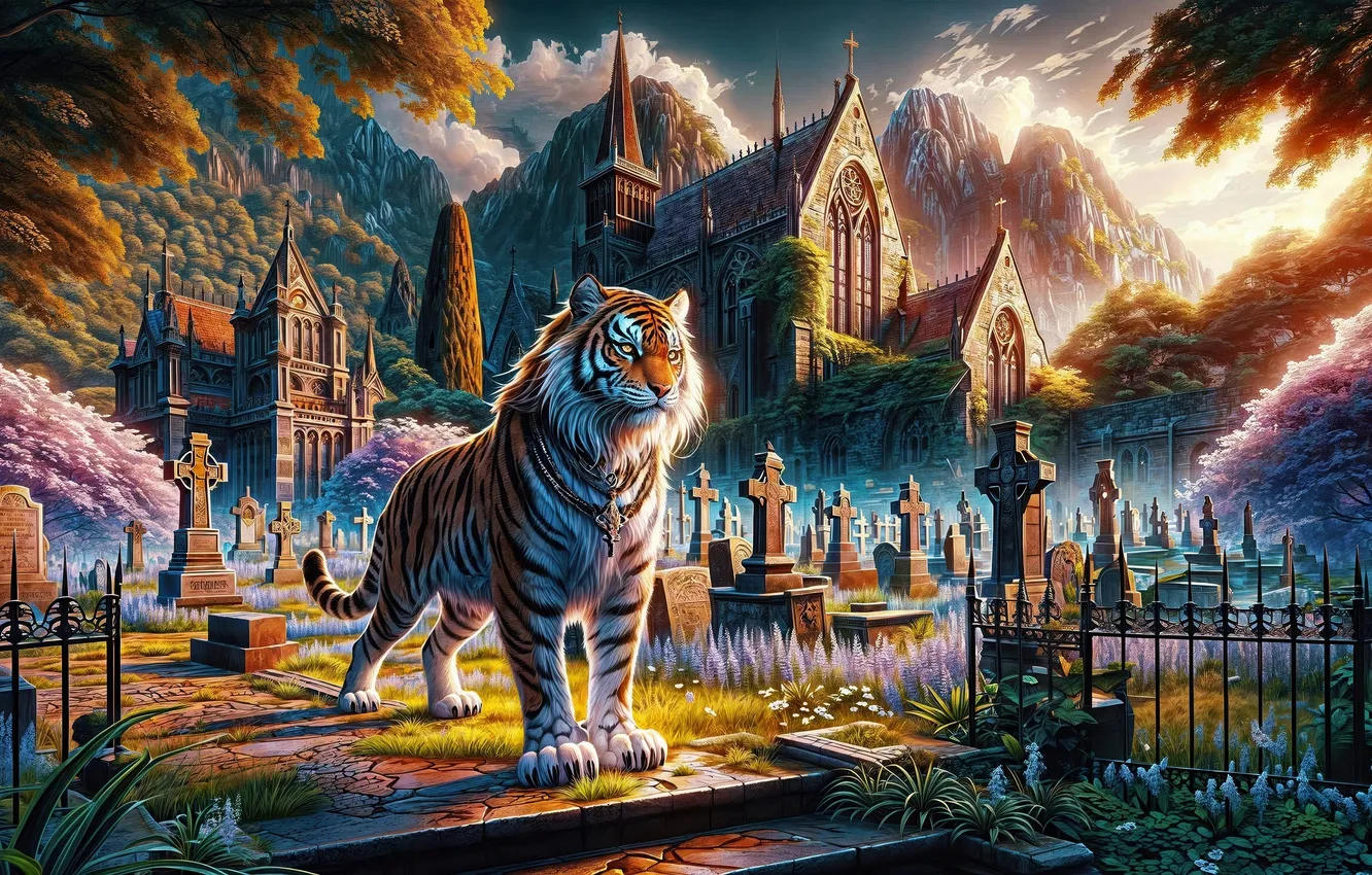 Photo wallpaper tiger, cemetery, mansion