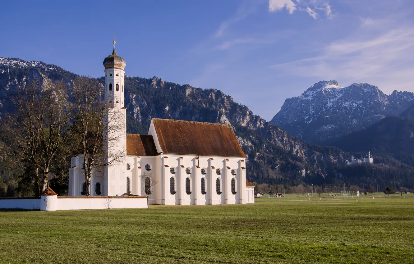 Photo wallpaper field, mountains, Church