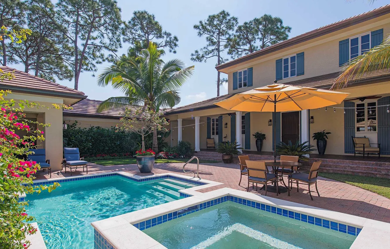 Photo wallpaper flowers, palm trees, Villa, pool, FL, architecture, terrace, villa