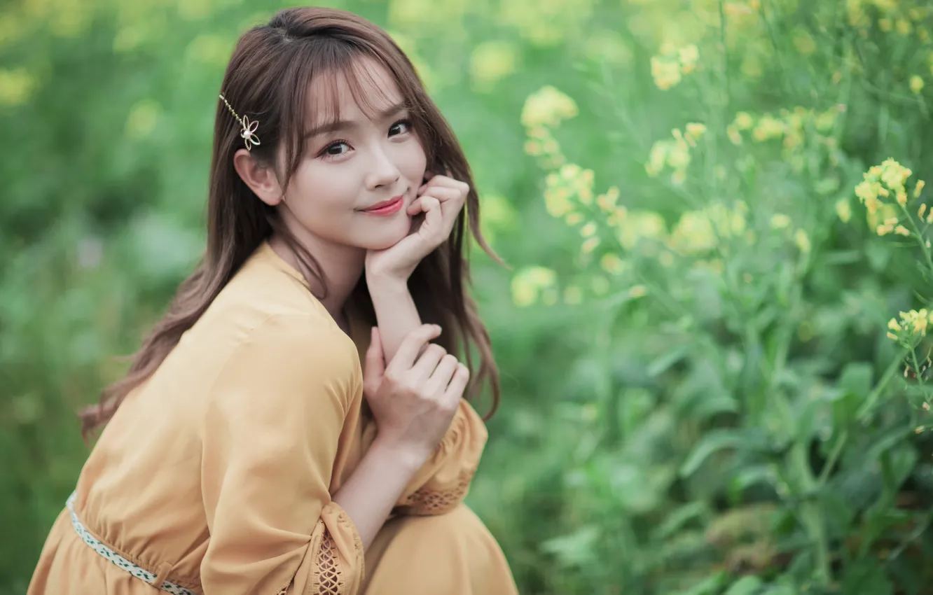 Photo wallpaper girl, smile, positive, girl, Asian, bokeh, asian, green foliage