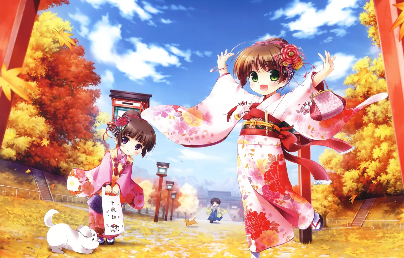 Photo wallpaper autumn, the sky, cat, leaves, clouds, trees, joy, flowers