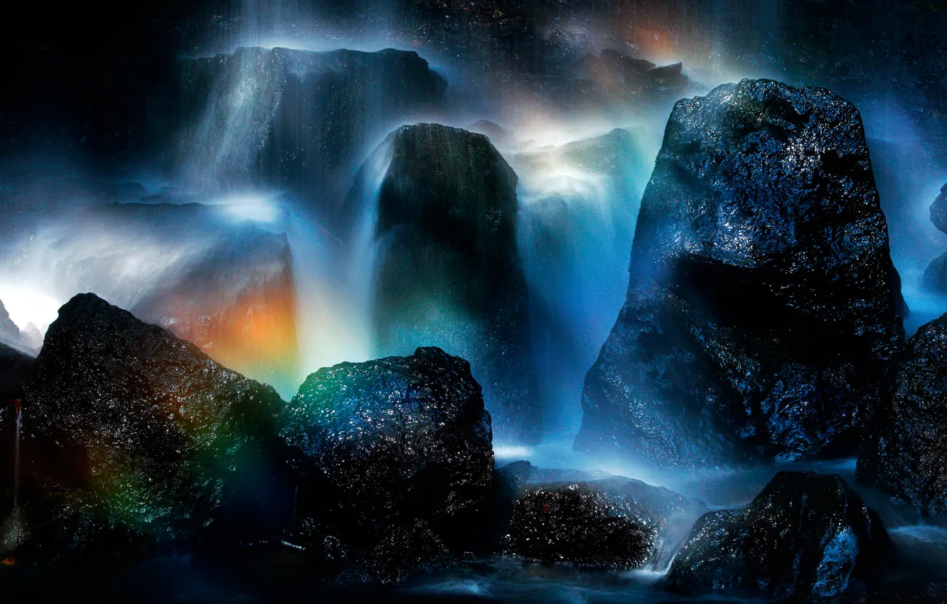 Photo wallpaper squirt, stones, rocks, waterfall, rainbow, stream