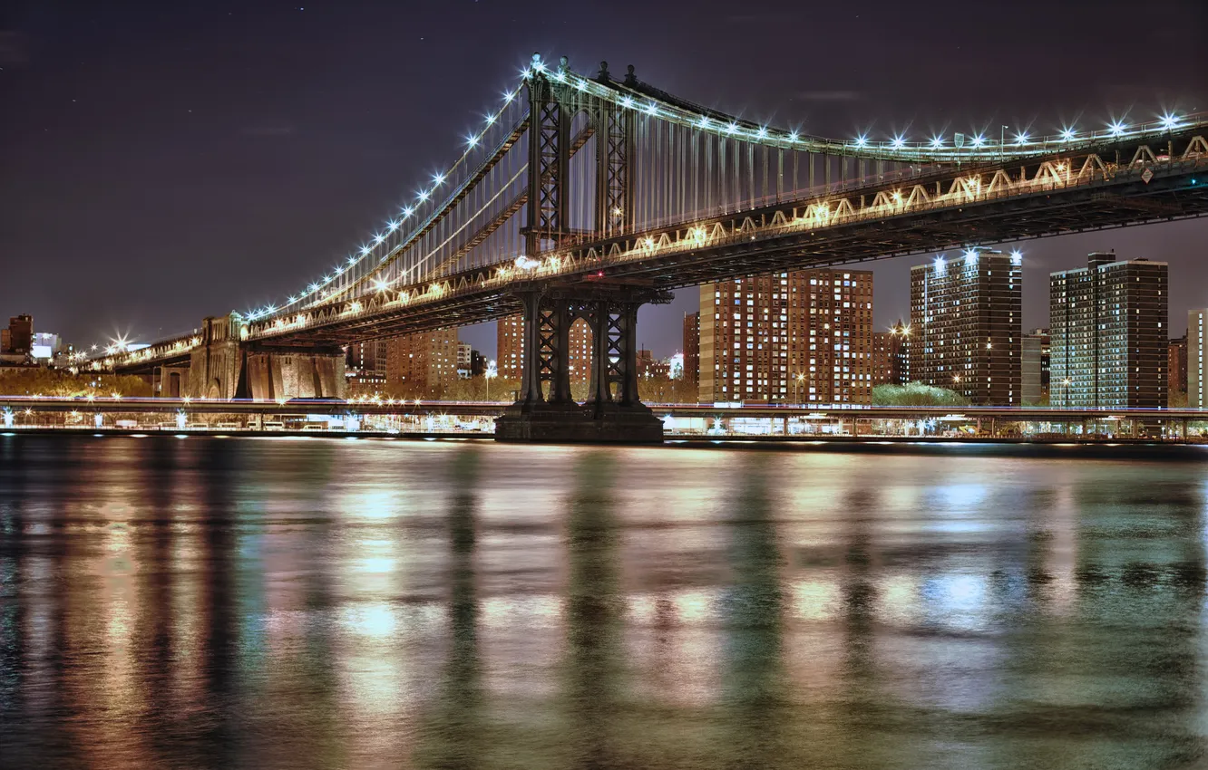 Photo wallpaper night, bridge, the city, lights, NYC, Manhattan Bridge