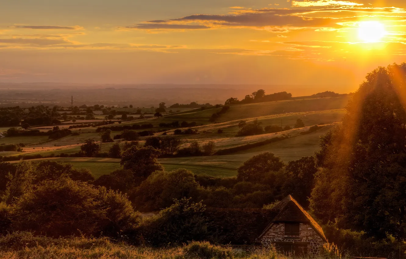 Photo wallpaper field, landscape, sunset