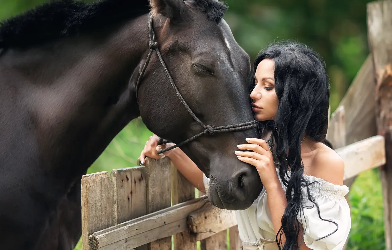 Photo wallpaper summer, girl, nature, animal, horse, the fence, brunette, shoulders