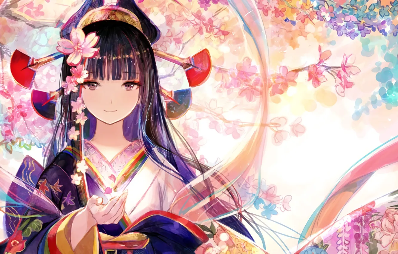 Photo wallpaper look, flowers, pattern, Sakura, hairstyle, girl, kimono, long hair